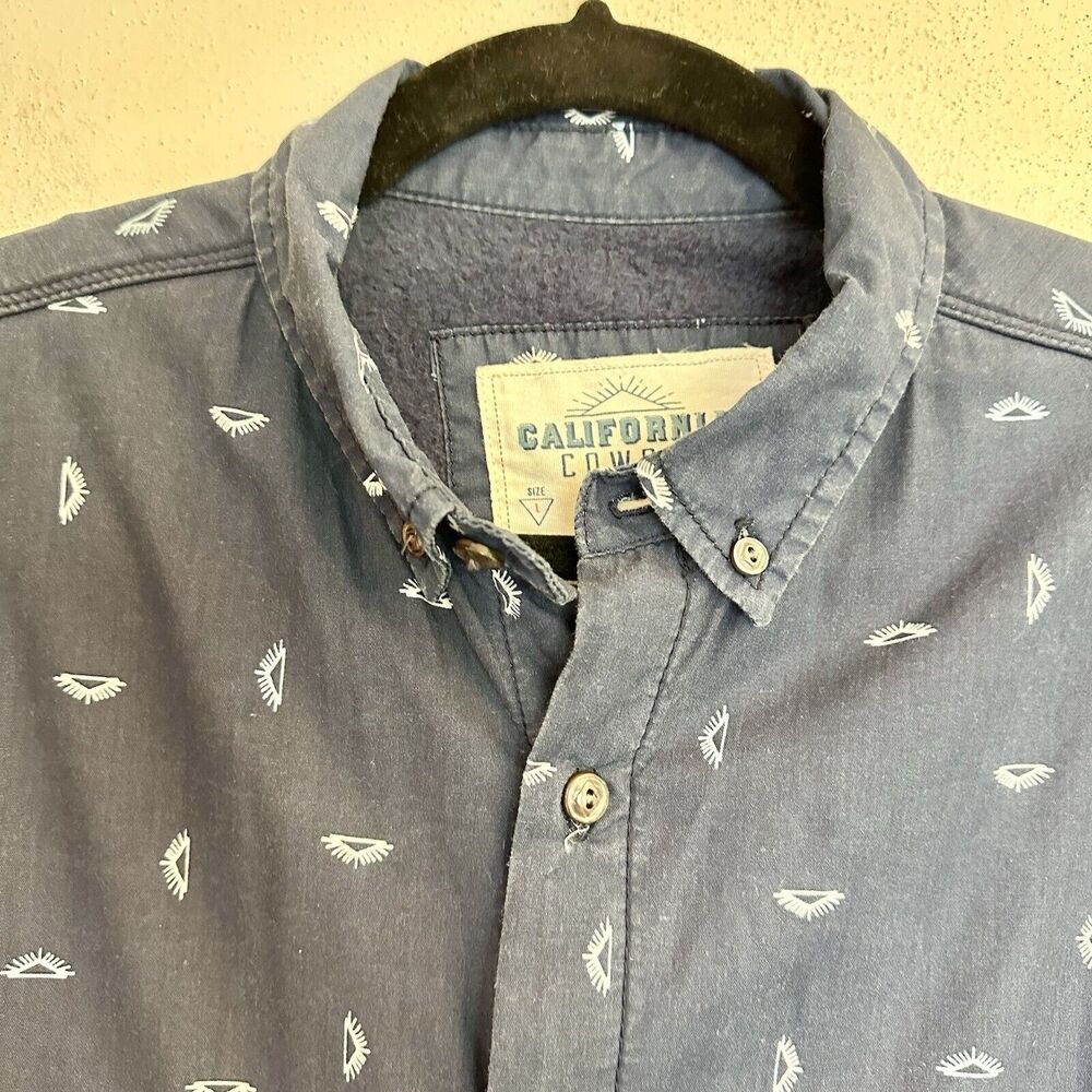 California Cowboy High Water Fleece Lined Short Sleeve Button Shirt Blue Print L - Picture 4 of 16